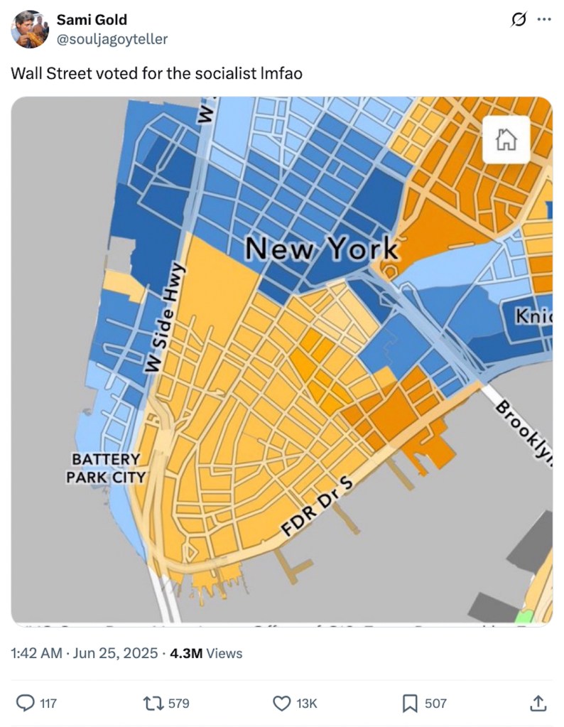 A map of New York City showing areas colored in blue and orange, illustrating voting patterns, with text overlay indicating 'Wall Street voted for the socialist lmfao'.