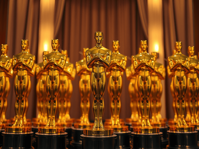 A display of golden statuette trophies arranged in rows, with a soft lit background showcasing elegant drapery.