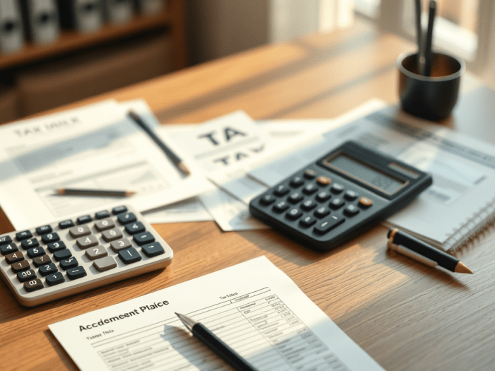 A desk with financial documents, two calculators, a notebook, a pen, and a small plant, all bathed in natural light.